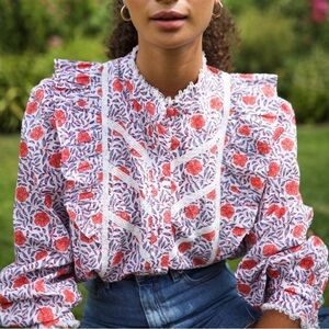 Pink City Prints Victorian Floral Lace Long Sleeve Button Front Blouse Large